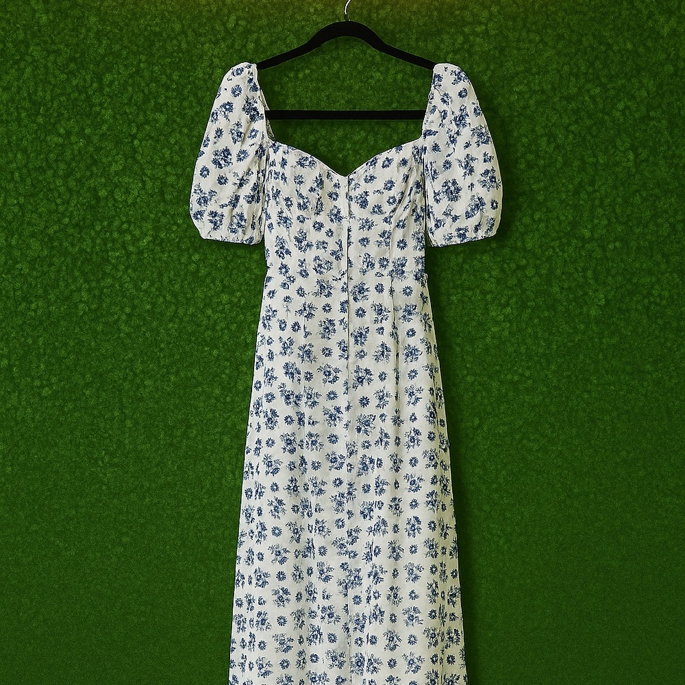 Floral Puff Sleeve Dress - Blue and White
